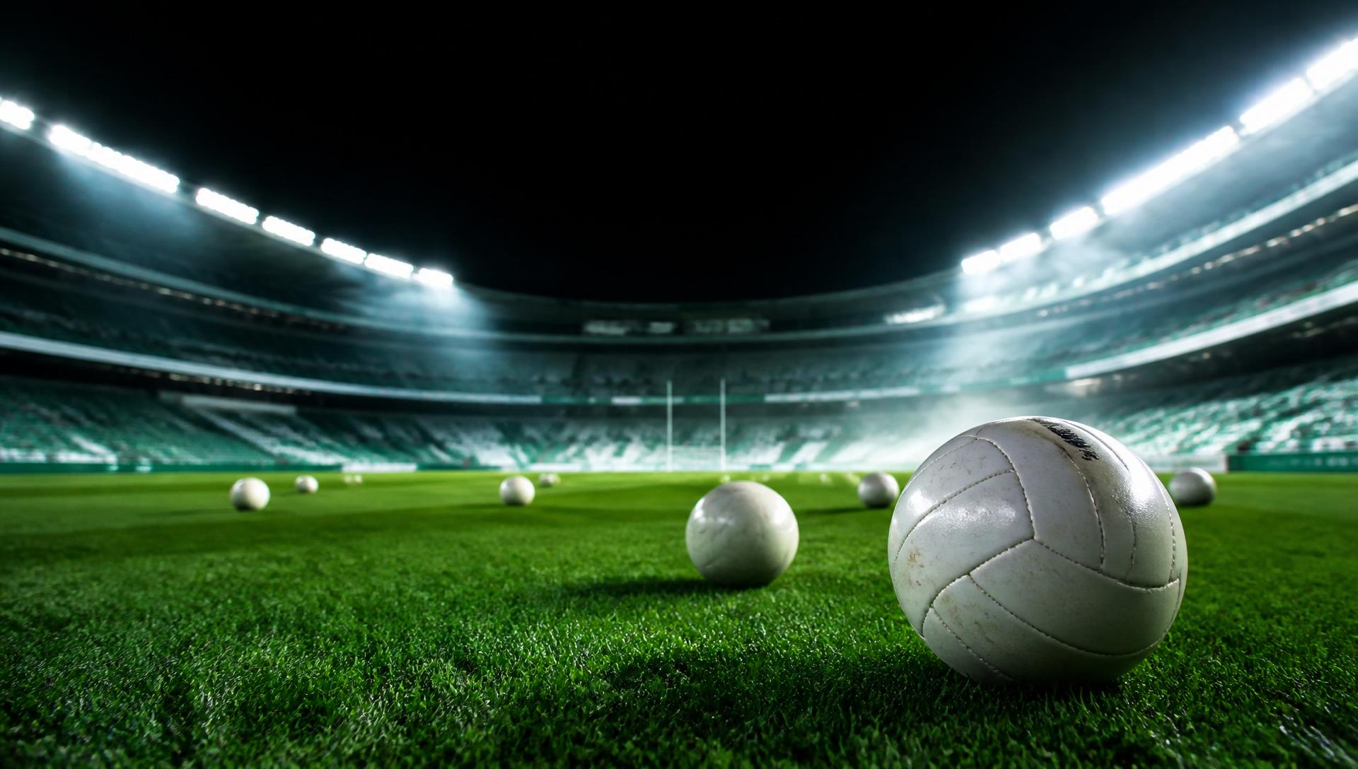 Gaelic footballs on the pitch at Páirc Uí Shíocháin under floodlights